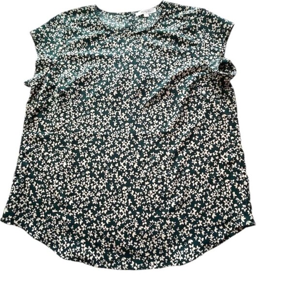 Monday Fun Hunter Green & Cream Mini Floral Popover Top with Cap Sleeves- Size L - Picture 1 of 8